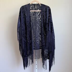 BeBe sz One Size Navy Burnout‎ Velvet Kimono Fringe Open Top